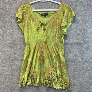 BLEU Y2K Top Women's Large Green Flutter Sleeve Floral Rhinestones Smocked Waist